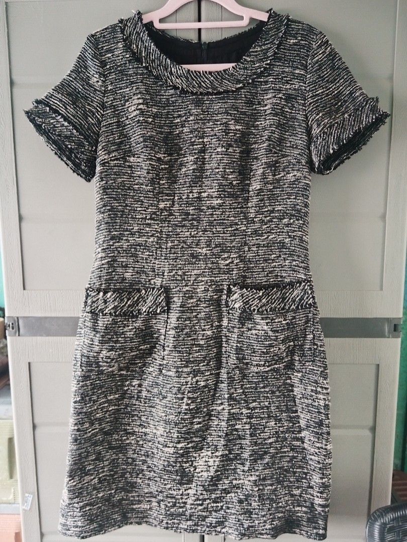Elegant Tweed Shift Dress (Category: Dresses) located in Naga. Submitted by bitchesabarbie (Listing ID 1459790706, Image 1). Description: Timeless tweed shift dress in sophisticated black & cream textured weave. - ✔ Design: Classic round neckline with frayed trim detailing | Short sleeves with matching frayed cuffs | Two front patch pockets (fully functional!) | Hidden back zipper for a smooth finish | Straight cut, subtly A-line silhouette that 