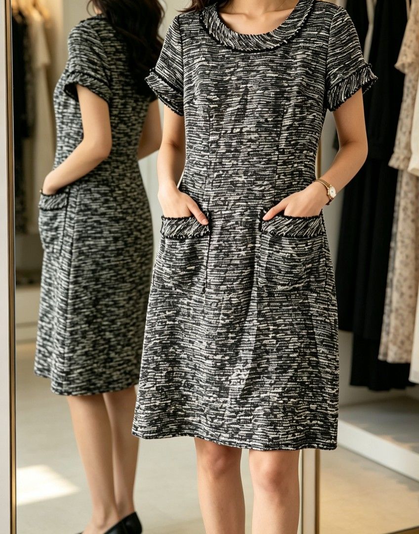 Elegant Tweed Shift Dress (Category: Dresses) located in Naga. Submitted by bitchesabarbie (Listing ID 1459790706, Image 3). Description: Timeless tweed shift dress in sophisticated black & cream textured weave. - ✔ Design: Classic round neckline with frayed trim detailing | Short sleeves with matching frayed cuffs | Two front patch pockets (fully functional!) | Hidden back zipper for a smooth finish | Straight cut, subtly A-line silhouette that 