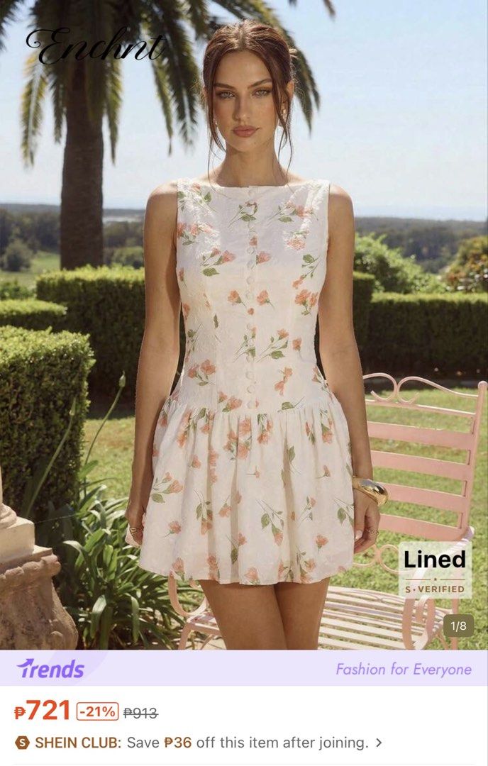 Shein Floral Button-Up Mini Dress (Category: Dresses) located in Las Pinas. Submitted by fabmommas (Listing ID 1459807729, Image 2). Description: - Used once - Cute white mini dress - Adorable floral print - Sleeveless design - Button-up front - Flared skirt for a playful look - Ideal for summer outings and parties - Versatile: pair with sandals or heels.