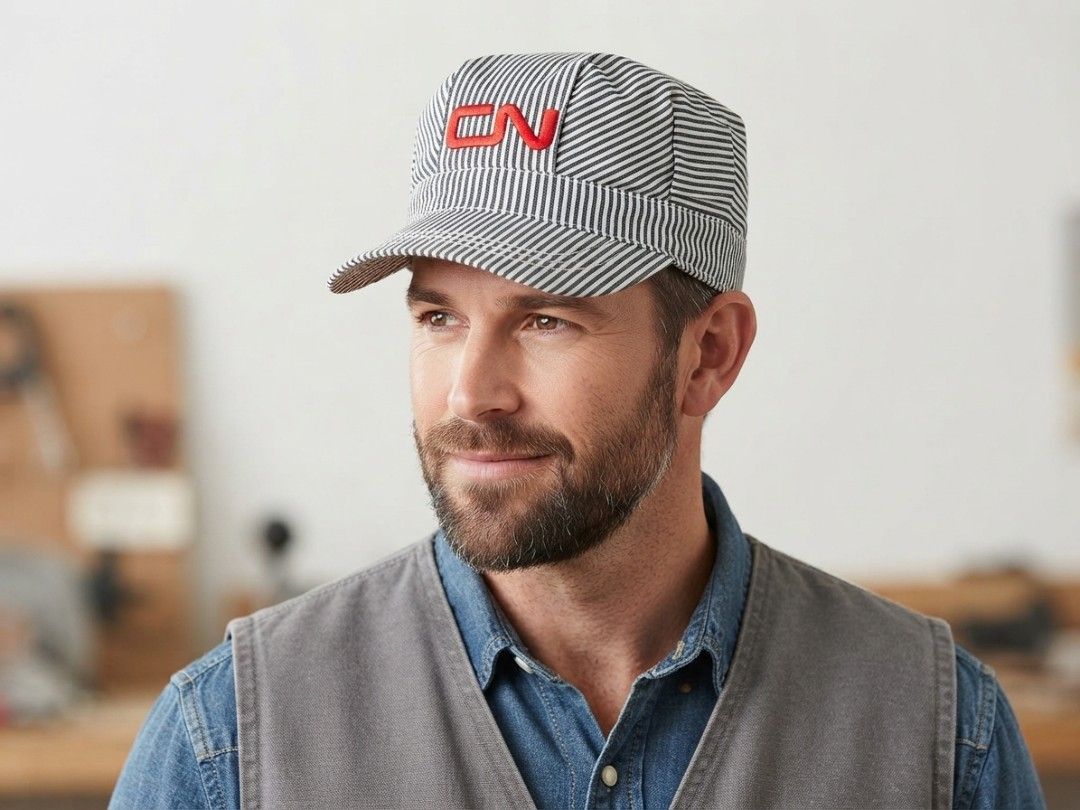 Engineer/Conductor Hat (Category: Caps & Hats) located in Binangonan. Submitted by yuristalin888 (Listing ID 1459846642, Image 1). Description: This classic black-and-white hickory stripe engineer/conductor cap features a structured high crown with red embroidered "CN" lettering on the front, a stiff curved brim, and an adjustable white plastic snapback closure in the back. NEEDS WASH!.