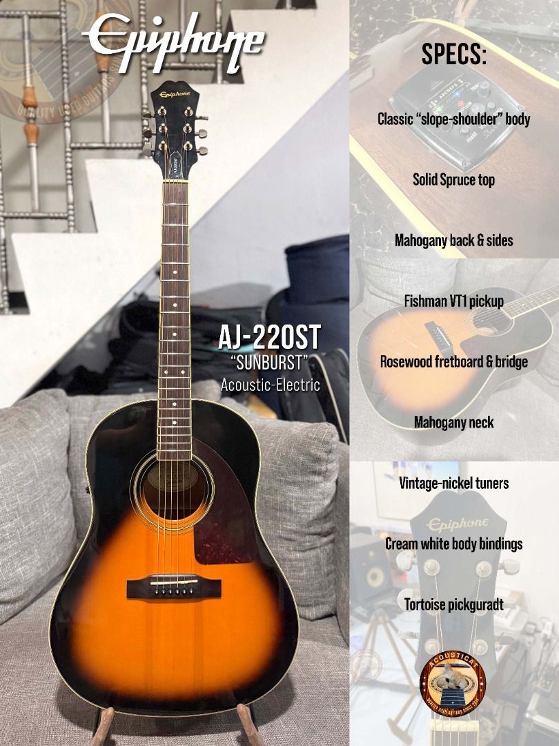 Epiphone AJ-220S Guitar (Category: Musical Instruments) located in Manila. Submitted by acousticat (Listing ID 1459832251, Image 1). Description: For Sale / Swap Please Read Location: Tondo, Manila ----------------------------------- Epiphone AJ-220S Guitar 17K ₱17,000 (20K trade value) Excellent Condition Solid Spruce top Mahogany back & sides Fishman VT1 Sonitone pickup Trade/Swap to other guitars Trade/Swap to drum items ----------------------