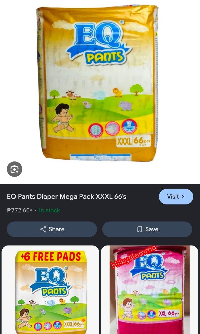 EQ DIAPER XXXL 47 PCS (Category: Diapers & Baby Wipes) located in Quezon City. Submitted by rylaipots (Listing ID 1459832709, Image 1). Description: NATUTO NA PO MAG POOP AND PEE SA BATHROOM KAYA AYAW NA MAG DIAPER **ORIGINAL PRICE 700 PHP, SELLING 400 php ** meet- up or free delivery nearby areas only. 💨.