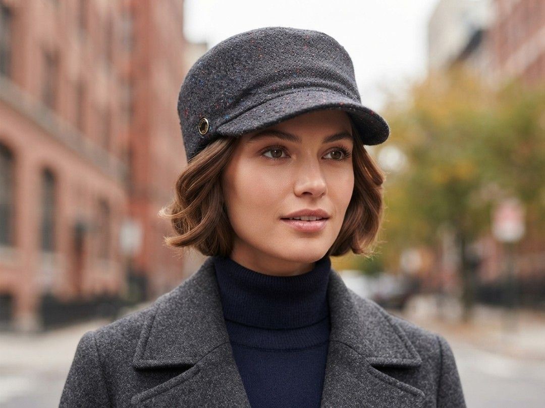 ESPRIT Softbrim Military/Cadet Style Cap (Category: Hats & Beanies) located in Binangonan. Submitted by yuristalin888 (Listing ID 1459827430, Image 1). Description: This dark grey tweed-style cadet/military cap is crafted from a textured woolen fabric featuring multicolored speckles throughout. It features a structured flat-top crown and a softbrim, accented on the side with a circular metallic button bearing the **ESPRIT** logo..