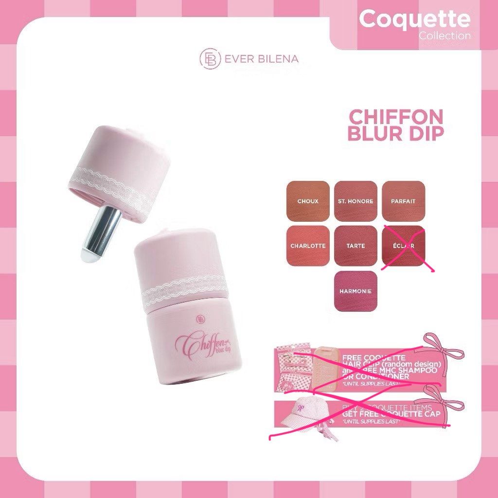 Ever Bilena Chiffon Blur Dip (Category: Makeup) located in Quezon City. Submitted by sweetlyluxe (Listing ID 1459773217, Image 1). Description: - sold per piece - available shades: choux, st. honoree, parfait, charlotte, tarte, harmone get 6 for ₱1200.