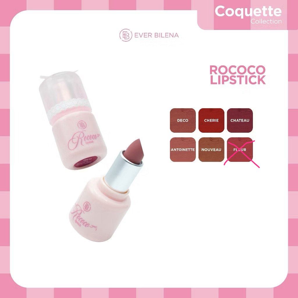 Ever Bilena Rococo Lipstick (Category: Makeup) located in Quezon City. Submitted by sweetlyluxe (Listing ID 1459753777, Image 1). Description: - Ever Bilena Rococo Matte Lipsticks - sold per piece - Available Shades: Deco, Cherie, Chateau, Antoinette, Nouveau - Finish: Matte - Perfect for everyday wear or special occasions - get 5 for 900.