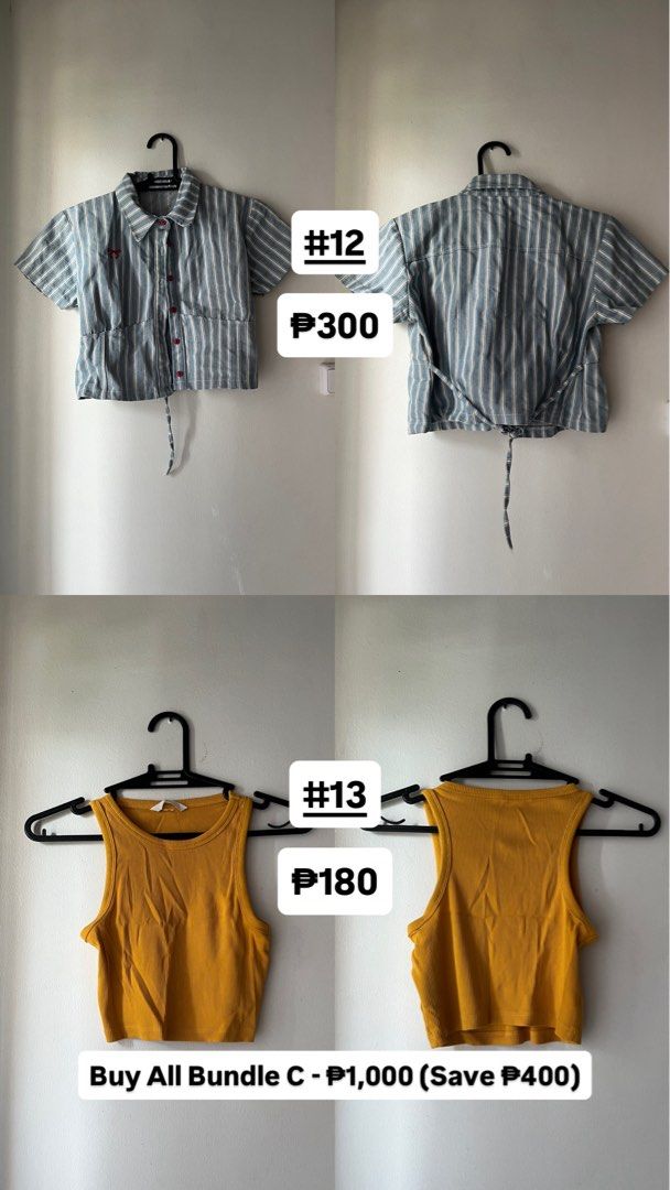 Everyday Casuals & Basics Set (7 Items) (Category: Others Tops) located in Quezon City. Submitted by deargenna (Listing ID 1459813049, Image 1). Description: Bundle C: Everyday Casuals & Basics Set (7 Items) — ₱1,000 (Save ₱400) Description: Versatile everyday tees, tanks, button-downs, and casual tops for quick outfits! ✨ Items Included: * #12 Blue/White Striped Cropped Button-Down Top — ₱300 * #13 Mustard Yellow Ribbed High-Neck Tank — ₱180 * #
