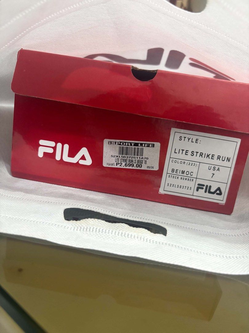 Fila Lite Strike Run Beige Running Shoes (Category: Sneakers) located in Manila. Submitted by crisdancal (Listing ID 1459704182, Image 2). Description: - Brand new Fila Lite Strike Run shoes - Color: Beige - Size: 7 US / 37 EUR - Original Price: P2,699.00 - Reason for Selling: Not the right fit - Includes original box Selling for only 1999 Fits philippine size:7.