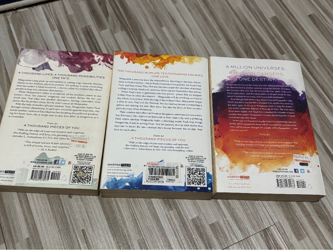 Firebird Trilogy by Claudia Gray (Category: Storybooks) located in Paranaque City. Submitted by danicajs (Listing ID 1459847817, Image 2). Description: TAKE ALL FOR PHP 600 RFS: Decluttering, urgent funds needed Paperback copies of the Firebird Series (Sci-fi Romance) • Thousand Pieces of You (PHP 250) • Ten Thousand Skies Above You (PHP 200) • A Million Worlds With You (PHP 200) Feel free to message for any inquiries..