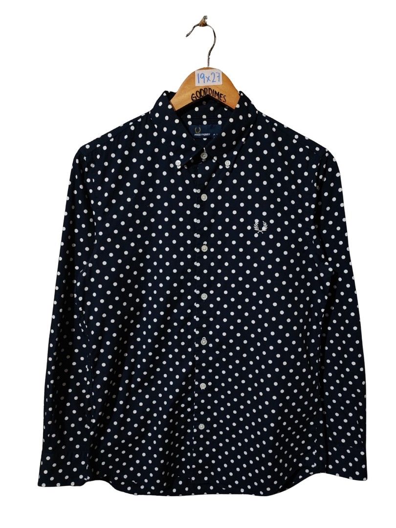 FRED PERRY POLKA DOT BUTTON-DOWN LONG SLEEVES (Category: Formal Shirts) located in Iloilo. Submitted by gooddimes (Listing ID 1459817162, Image 1). Description: Fred Perry Polka Dot Button-Down Long Sleeves Authentic Dark Blue color Size on tag: Small Dimes: 19Wx27L Issue/s: None, need wash Color rate: 10/10 Like new condition ₱1,500 Reminders: - All items are thrifted, please manage your expectations - Color may vary due to lighting - Please was