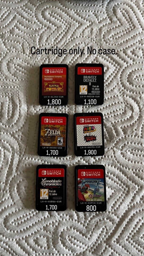 FS/FT: Nintendo Switch Games (No case, cartridge only) (Category: Nintendo) located in Manila. Submitted by nevaurx (Listing ID 1459718919, Image 1). Description: No case, cartridge only! 🙏 (i’m also open for trade! just dm me your offers 😗 lowered the price too, pls disregard the prices on the picture) Bravely Default - 1,100 Pokemon Scarlet - 1,500 Super Mario 3D - 1,600 Warborn - 800 Xenoblade Chronicles 3 - 1,500 Zelda BOTW - 1,400 I can on