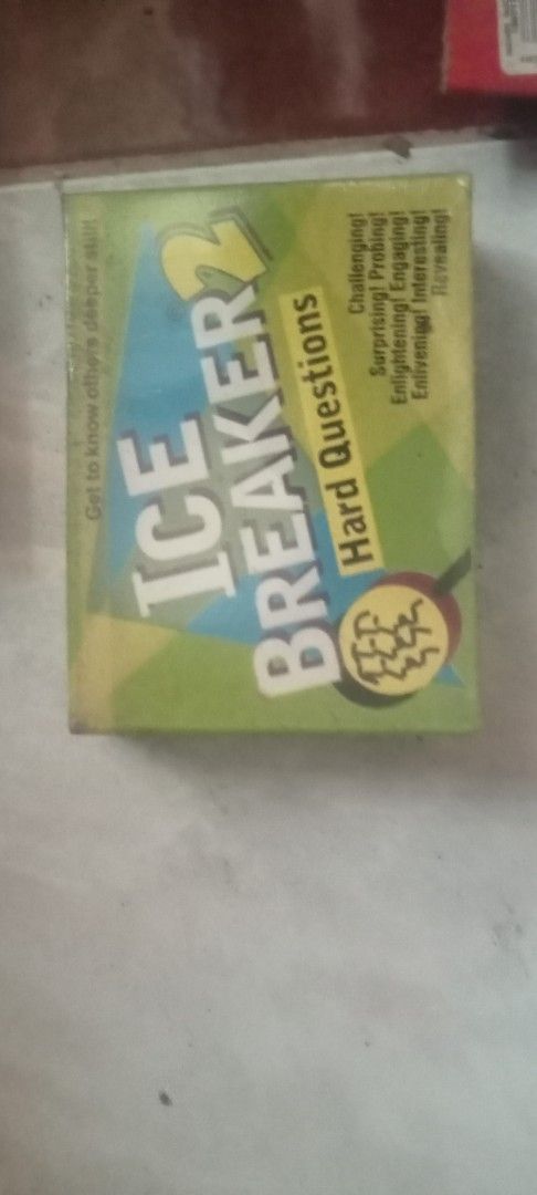 Game cards (Category: Board Games & Puzzles) located in Paranaque City. Submitted by dimaguilaa94969 (Listing ID 1459745267, Image 1). Description: - Product: Ice Breakerz 2: Hard Questions Card Game - Purpose: To get to know others on a deeper level pm if int 09260966619 - Features: Challenging, surprising, probing, enlightening, engaging, enlivening, and interesting questions - Edition: Hard Questions - Ideal for: Parties, gatherings, and deepe