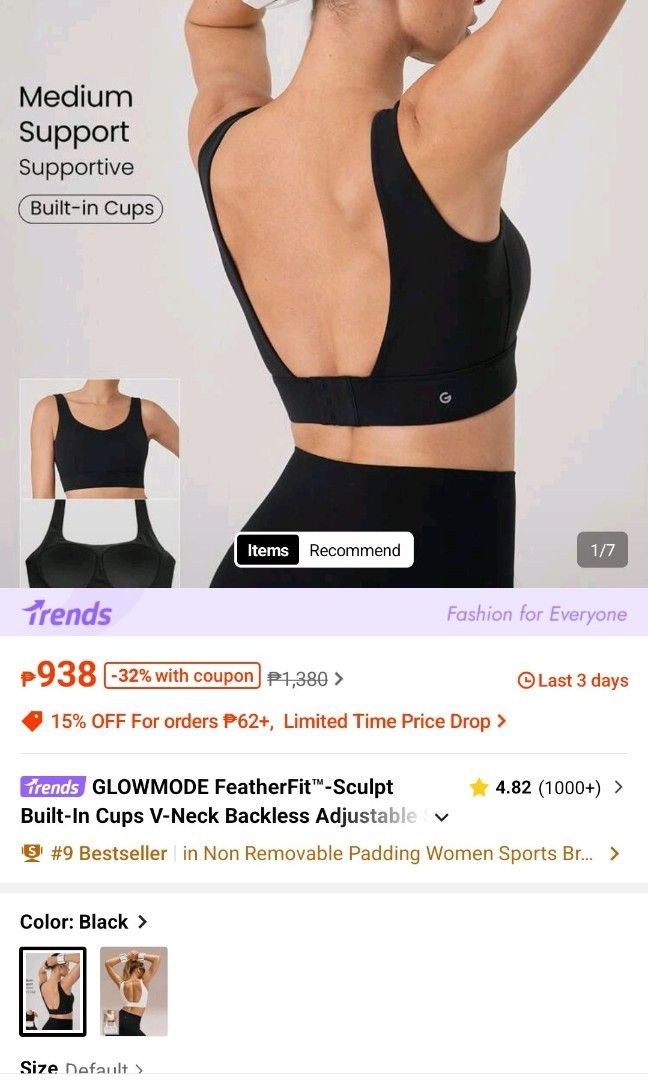 Glowmode Featherscuplt Sports Bra (Category: Activewear) located in Pasig City. Submitted by decuckoo (Listing ID 1459812301, Image 1). Description: XL but fits XXL brand new from Glowmode (size chart attached) rfs: wrong size .