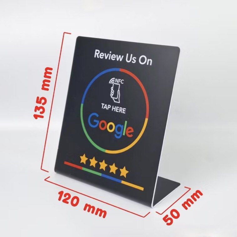 Google Review NFC Stand (Category: Other Accessories) located in Quezon City. Submitted by migsu126 (Listing ID 1459798794, Image 1). Description: - Buy 3 get 1 free - I will set it up for you as long as your business is already in google - Get more Google reviews easily! - Ideal for businesses looking to boost their online presence. - Just tap and leave a review - Dimensions: 135mm (Height) x 120mm (Width) x 50mm (Depth)..