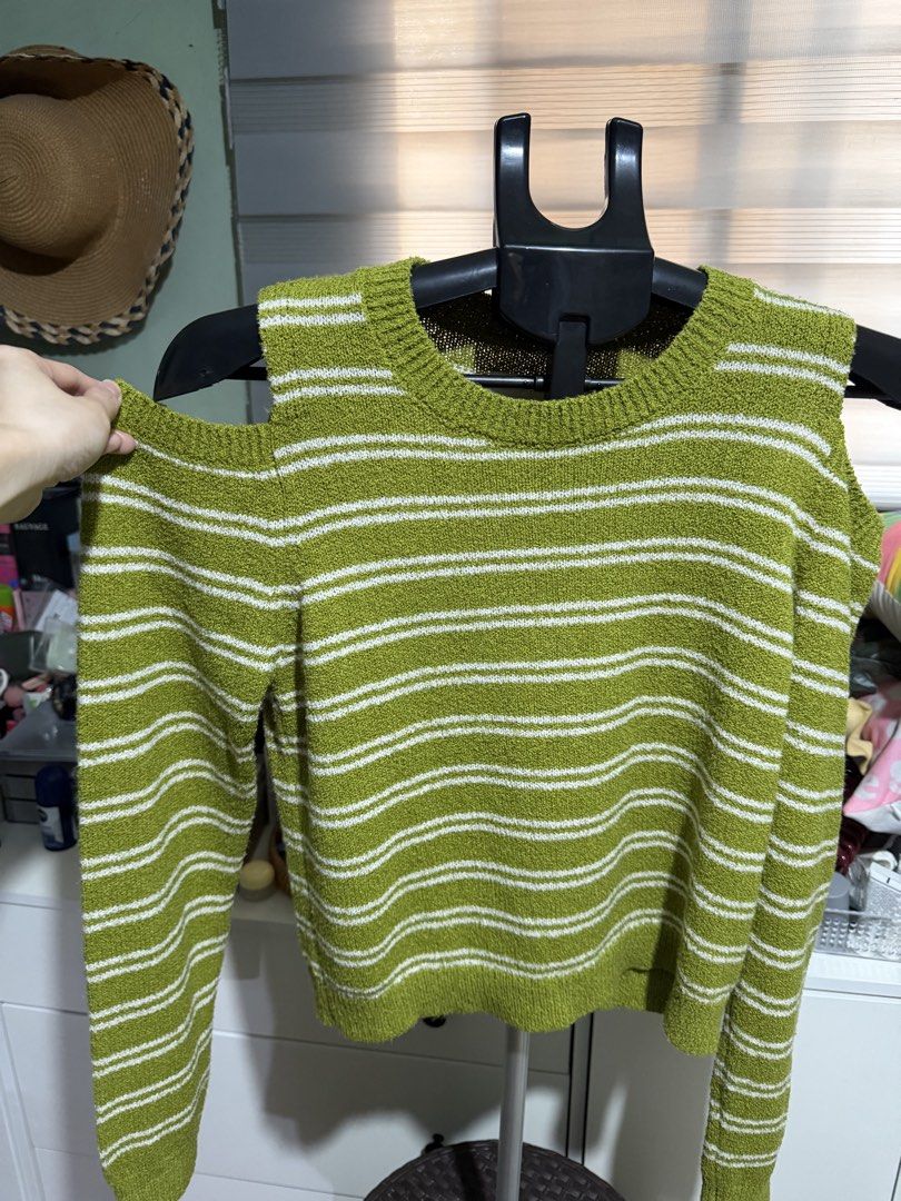 Green and White Striped Cold Shoulder Sweater (Category: Longsleeves) located in Manila. Submitted by maddie29 (Listing ID 1459702311, Image 2). Description: - Cute green and white striped sweater - Features trendy cold shoulder cutouts on sleeves - Made with soft and stretchy knit fabric - Versatile: pairs well with jeans or skirts - A fun addition to any wardrobe.