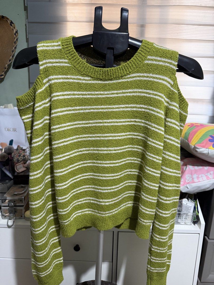 Green and White Striped Cold Shoulder Sweater (Category: Longsleeves) located in Manila. Submitted by maddie29 (Listing ID 1459702311, Image 1). Description: - Cute green and white striped sweater - Features trendy cold shoulder cutouts on sleeves - Made with soft and stretchy knit fabric - Versatile: pairs well with jeans or skirts - A fun addition to any wardrobe.