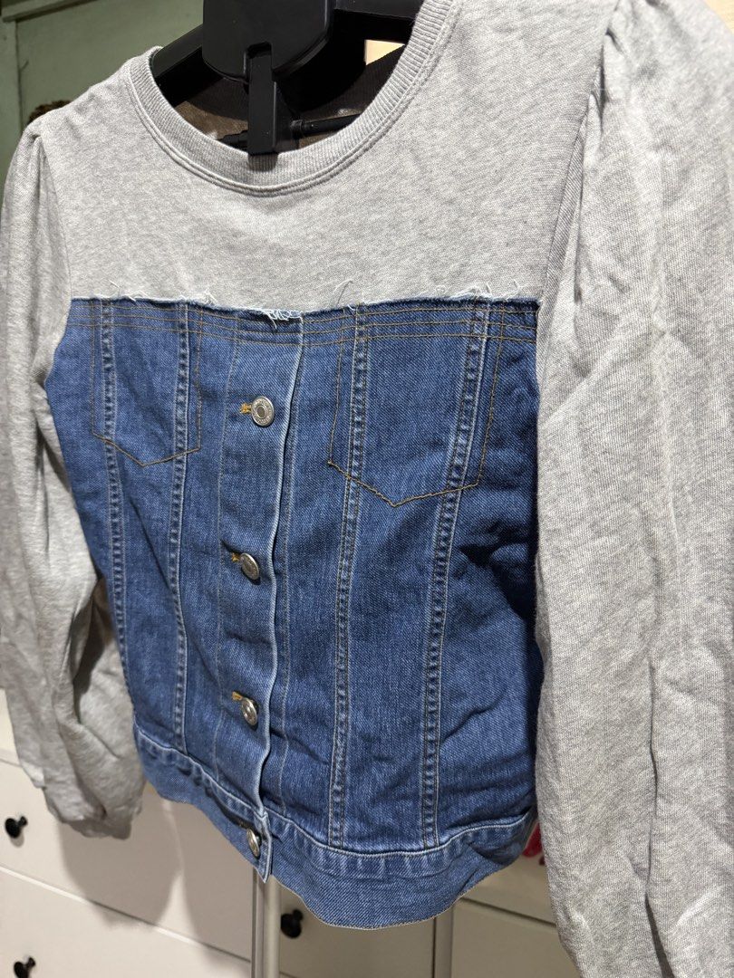 Grey Sweatshirt Denim Combo Jacket with Puff Sleeves (Category: Coats, Jackets and Outerwear) located in Manila. Submitted by maddie29 (Listing ID 1459702158, Image 2). Description: - Grey sweatshirt material top - Blue denim button-up front - Puff sleeves for a stylish touch - Fun, casual piece - Perfect for layering - Full button closure down the front.