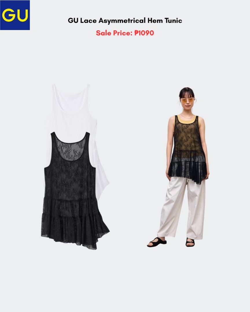 GU Lace Asymmetrical Hem Tunic (Category: Sleeveless) located in Quezon City. Submitted by jiya.tokio (Listing ID 1459852822, Image 1). Description: Pre-order from GU Japan 🇯🇵 GU Lace Asymmetrical Hem Tunic ₱ 1090 ‼️ Reminders: ✈️ETA: Oct ❣️50% DP is required to secure your item. (Non-refundable if the item has been purchased already.) 🚫No size exchanges after purchase 📍Tandang Sora, Quezon City 💰MOP: BPI / GCash / Unionbank 🚚: Lalamove/Gra
