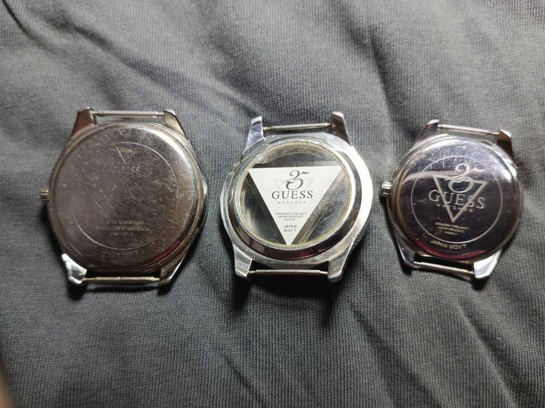 Guess Watches 3pcs (Category: Men's Watches) located in Quezon City. Submitted by kenz1000 (Listing ID 1459781168, Image 2). Description: For Sale -3pcs Authentic Guess watches -Stainless steel lahat ng case -All in good working condition -44mm, 41mm, 36mm case -issue-- need straps, kulang mga bato (check pics) -1500php take all only -Litex Commonwealth meetup/pickup, rider pickup si buyer magbook, regular LBC shipping.