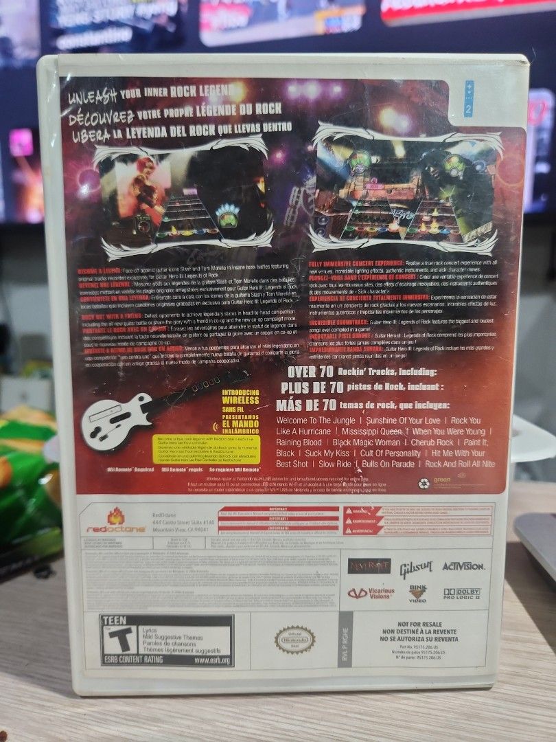 Guitar Hero 5 for Nintendo Wii (Category: Nintendo) located in Quezon City. Submitted by gwift (Listing ID 1459704902, Image 2). Description: - Guitar Hero 5 game for Nintendo Wii - Includes game disc and original case - Unleash your inner rock legend! - Features over 70 jungle tracks and songs - Includes hits like 'Welcome to the Jungle', 'Sunshine of Your Love', 'Paint It, Black', and 'Suck My Kiss' -selling based on current US market value x 5