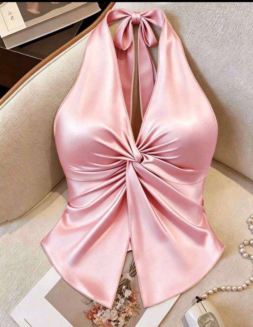 Halter Twist Asymmetrical Hem, Slit silk pink medium (Category: Sleeveless) located in Manila. Submitted by nariachic (Listing ID 1459716585, Image 1). Description: Halter Twist Asymmetrical Hem, Slit silk pink medium.