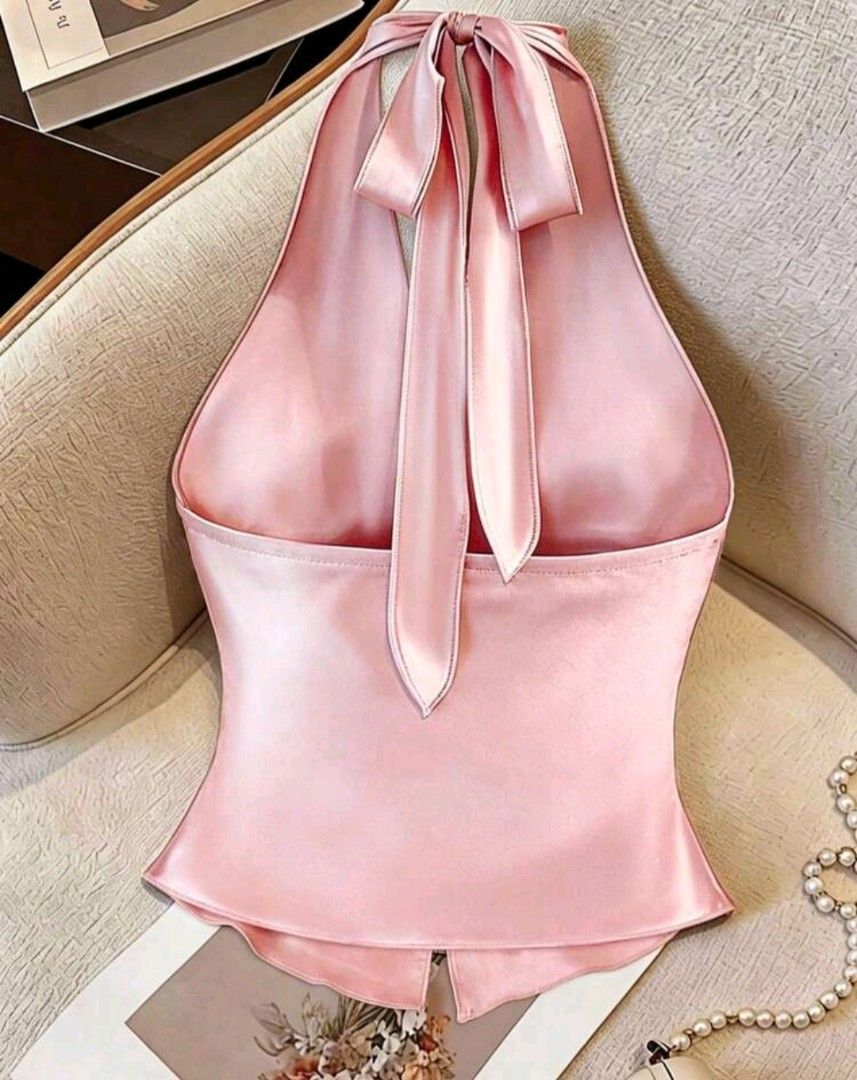 Halter Twist Asymmetrical Hem, Slit silk pink medium (Category: Sleeveless) located in Manila. Submitted by nariachic (Listing ID 1459716585, Image 2). Description: Halter Twist Asymmetrical Hem, Slit silk pink medium.