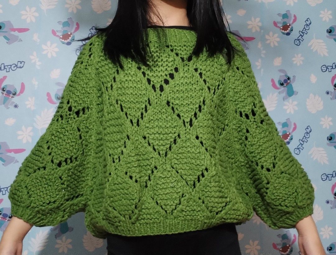 Handmade Green Knitted Sweater with Diamond Pattern (Category: Coats, Jackets and Outerwear) located in Manila. Submitted by malditas (Listing ID 1459805647, Image 1). Description: - Super cozy green knitted sweater - Features a beautiful all-over diamond pattern - Relaxed fit with loose dolman sleeves - Perfect for layering or wearing solo - Handmade with care for a unique piece From HT box BUY AS IS (NO RETURN, NO EXCHANGE, NO REFUND unless sta