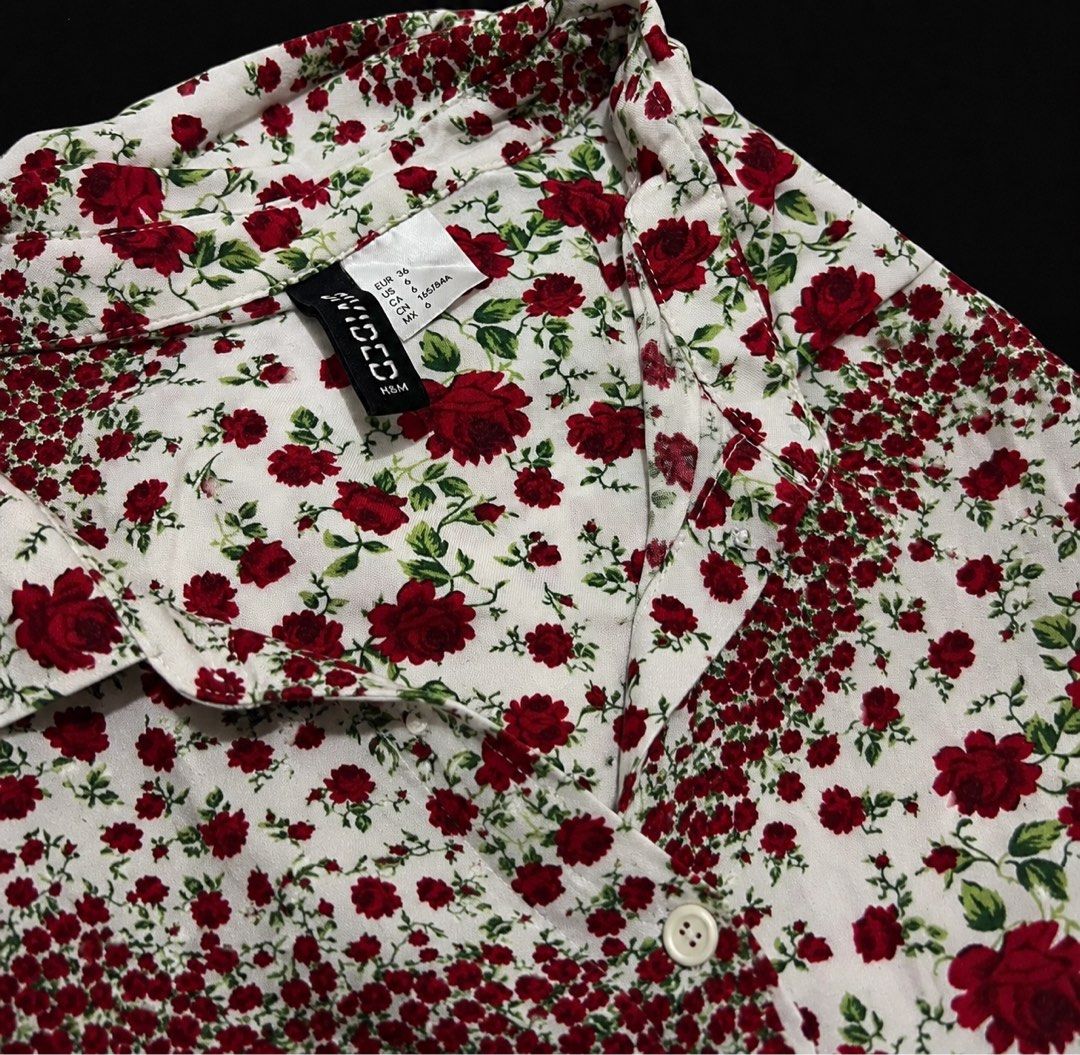 H&M Floral Print Button-Up with Tie Front (Category: Blouses) located in Marikina City. Submitted by prelovedbydee. (Listing ID 1459885606, Image 2). Description: - brand: h&m - features: collared neckline, tie-front detail at hem - tag size (personal estimate: xs-semi m) can negotiate ☺️.