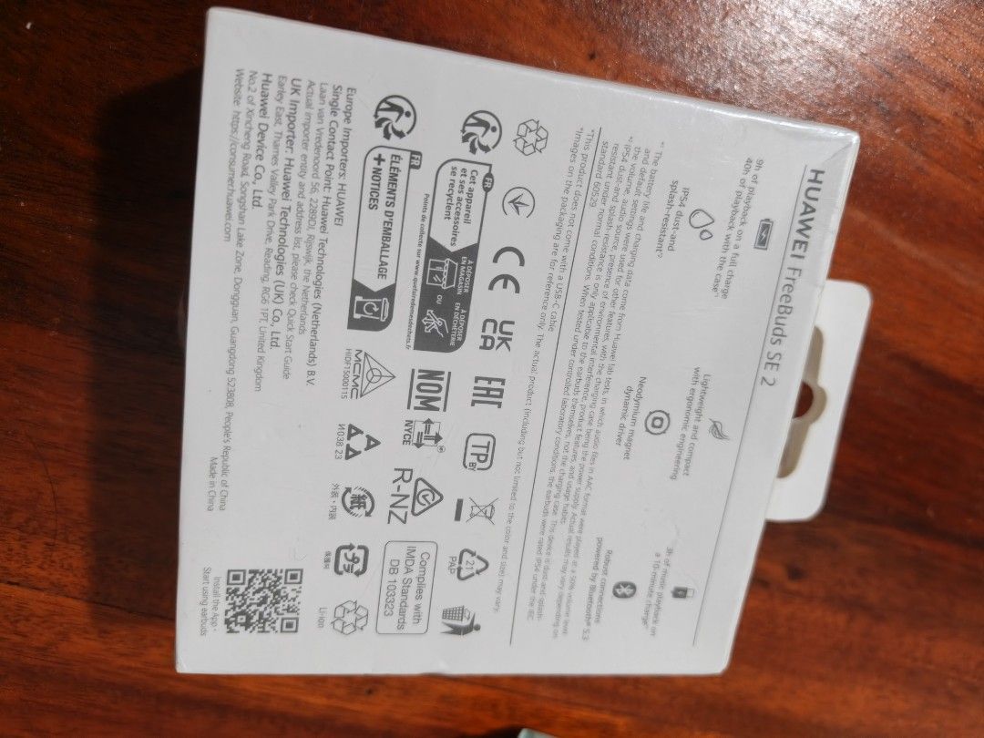HUAWEI FreeBuds SE 2 Wireless Earbuds (Category: Earphones) located in Rodriguez. Submitted by jaspherr (Listing ID 1459736902, Image 3). Description: Huawei FreeBuds SE 2 — Specs 🎧 Driver: 10 mm dynamic driver 📶 Bluetooth: 5.3 🔊 Codec: SBC / AAC 🔋 Battery: 9 hours earbuds; up to 40 hours with charging case ⚡ Fast charging: 10 minutes ≈ 3 hours music 🔌 Charging: USB-C 💦 Water/dust resistance: IP54 — earbuds only; case is not water-resistant