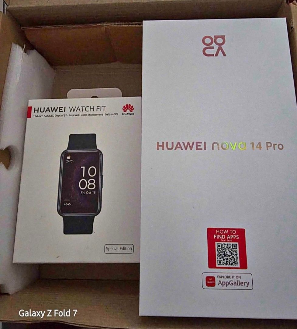 Huawei Watch Fit & Nova 14 Pro Special Edition (Category: Wearables & Smart Watches) located in Santo Tomas. Submitted by Pipa.Bili.Na (Listing ID 1459779362, Image 1). Description: - Huawei Watch Fit with 1.64-inch AMOLED display - Professional health management features - Built-in GPS for accurate tracking - Huawei Nova 14 Pro, Special Edition - Both items are in their original, unopened boxes - Excellent tech bundle for sale mop:gcash loc: par
