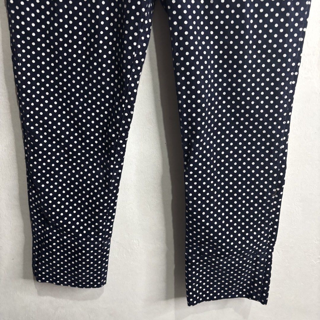 HYOMA - Polka Dot Pants Navy Blue White (Category: Other Bottoms) located in Cavite. Submitted by goodstayojan.cvt (Listing ID 1459792420, Image 2). Description: Hyoma - Corduroy Polka Dot Pants XS on tag(14.5 x 36sideseam x 22.5inseam x 9thigh x 12front rise x 6leg opening) Excellent Condition with Hangtag No flaws! - Brand new with tags attached - Navy blue corduroy pants - White polka dot pattern - Elastic waistband with blue and white stripes