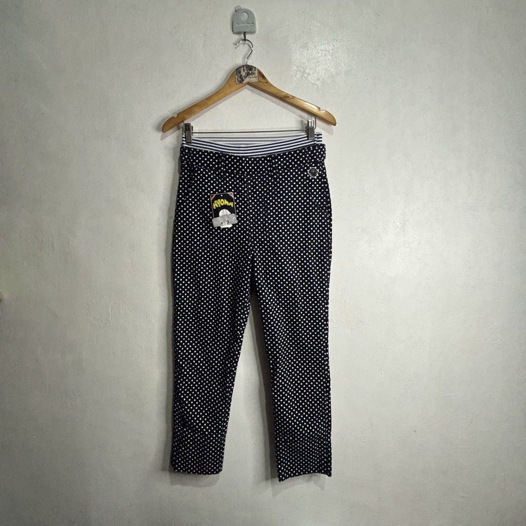 HYOMA - Polka Dot Pants Navy Blue White (Category: Other Bottoms) located in Cavite. Submitted by goodstayojan.cvt (Listing ID 1459792420, Image 1). Description: Hyoma - Corduroy Polka Dot Pants XS on tag(14.5 x 36sideseam x 22.5inseam x 9thigh x 12front rise x 6leg opening) Excellent Condition with Hangtag No flaws! - Brand new with tags attached - Navy blue corduroy pants - White polka dot pattern - Elastic waistband with blue and white stripes