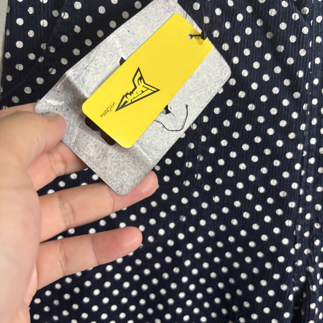 HYOMA - Polka Dot Pants Navy Blue White (Category: Other Bottoms) located in Cavite. Submitted by goodstayojan.cvt (Listing ID 1459792420, Image 3). Description: Hyoma - Corduroy Polka Dot Pants XS on tag(14.5 x 36sideseam x 22.5inseam x 9thigh x 12front rise x 6leg opening) Excellent Condition with Hangtag No flaws! - Brand new with tags attached - Navy blue corduroy pants - White polka dot pattern - Elastic waistband with blue and white stripes