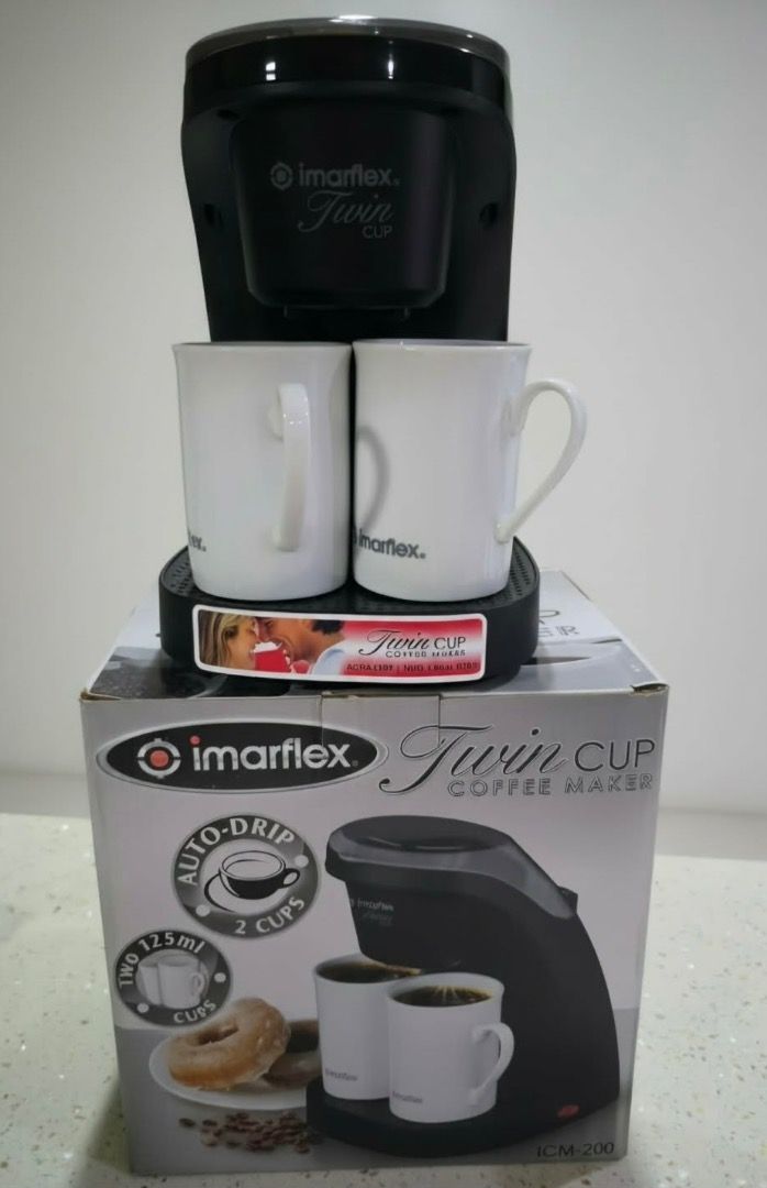 Imarflex Twin Cup Coffee Maker ICM-200 with Mugs (Category: Coffee Machines & Makers) located in Manila. Submitted by cusina888 (Listing ID 1459884946, Image 1). Description: Imarflex Twin Cup Coffee Maker (ICM-200) - Electric coffee maker / coffee machine - 2 cups / (2) 125ml Capacity - Auto-drip - Washable / Reusable Coffee Filter Basket - w/ FREE (2) Porcelain Cups - 450W Power Specifications: Box Dimension: 210*159*217mm Unit Dimension: 19.2 