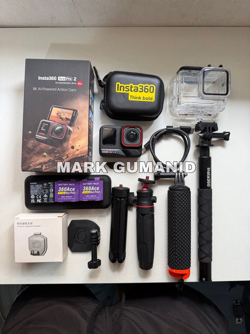 Insta360 Ace Pro 2 (Category: Cameras) located in Malabon City. Submitted by raredolphin_066f98 (Listing ID 1459882669, Image 2). Description: No Issue! Inclusions: Original Box 1 Original Battery, Charging Cord, Magnetic Mount Added Accessories: Insta360 Invisible Selfie Stick 2 Cityork Batteries + Charger Dive Case Floating Hand Grip Silicone Protective Case ABS Rabbit Cage Frame (With minimal issue but still working perfectly) Mini Extendable 