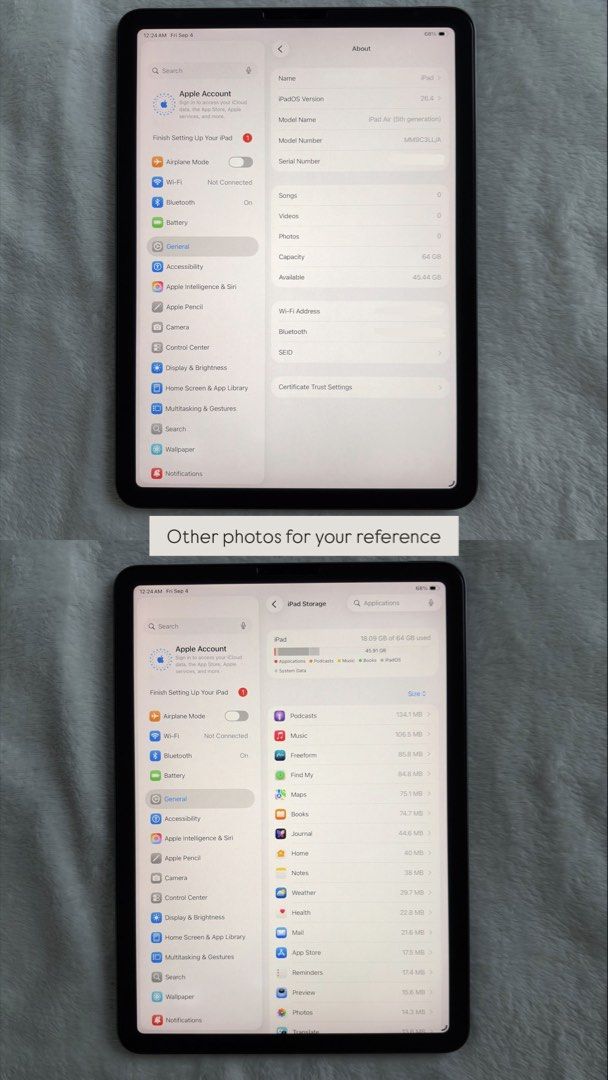 iPad Air 5th Generation M1 Chip 64GB (Category: iPad) located in Bulacan. Submitted by archivesbyk (Listing ID 1459789613, Image 3). Description: - iPad Air 5th Gen - Powerful M1 Chip - 64GB Storage - Includes Original Box & Charger - Comes with Free Clear Case - Includes Goojodoq Magnetic Charging Stylus Pen - Minor paint fade on side (from pencil) - No scratches, dents, or bends on the iPad itself.
