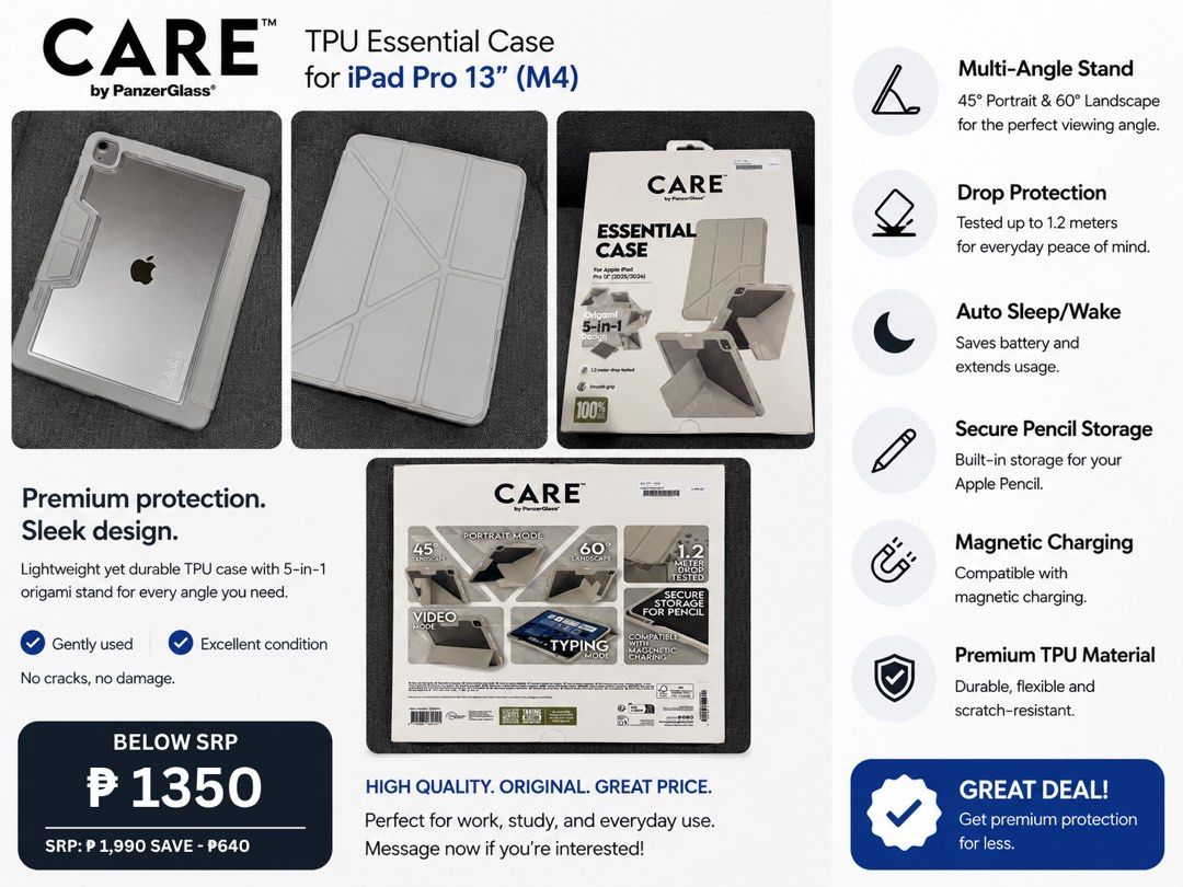 Ipad pro 13 inch case (Category: Cases & Sleeves) located in Las Pinas. Submitted by _mrygbrl (Listing ID 1459839438, Image 1). Description: - CARE TPU Essential Case for iPad Pro 13" (M4) - Premium protection and sleek design - Lightweight yet durable TPU material - 5-in-1 origami stand for multiple viewing angles (portrait & landscape) - Auto Sleep/Wake function - Secure built-in storage for Apple Pencil - Compatible with magnetic charging - Te