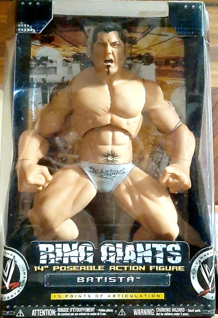 Jakks Pacific WWE Ring Giants 14" Action Figure (Category: Action & Battle Toys) located in Liloan. Submitted by angelyneroberts_171329 (Listing ID 1459702804, Image 1). Description: FOR SALE Jakks Pacific WWE Ring Giants 14" Action Figure DESCRIPTION : - WWE Ring Giants (Large 14-inch scale). - 13 movable joints. -Released in Mid-2000s (circa 2005–2006). CONDITION : - 10/10, Mint In Box - what you see is what you get - LEGIT PRICE : p24,500 set 