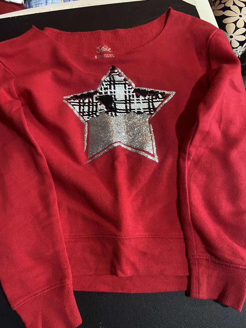 Justice Red Sweatshirt with Star Design - Size 8 (Category: Longsleeves) located in Taguig. Submitted by billpogi23 (Listing ID 1459730492, Image 1). Description: - Cute red sweatshirt from Justice - Size 8 - Fun star design on the front - Plaid and glitter details - Great for everyday wear - Made in Vietnam.