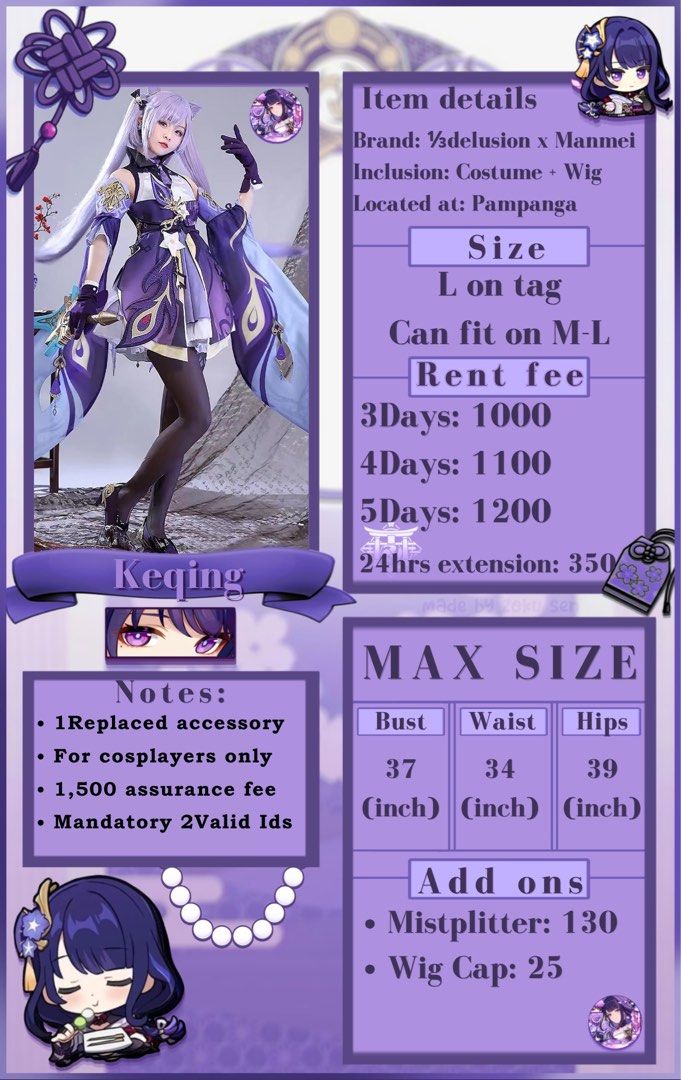 KEQING — 1/3 DELUSION (Category: Sets or Coordinates) located in Angeles City. Submitted by mariscostumerental (Listing ID 1459728702, Image 1). Description: ୨୧₊˚⊹ KEQING — 1/3 DELUSION ⊹˚₊୨୧ Elegant and regal Keqing cosplay for your next shoot! 💜 ╭── ⋆｡˚✦ ITEM DETAILS ✦˚｡⋆ ──╮ ♡ Brand: 1/3Delusion x Manmei ♡ Inclusions: Costume + Wig ♡ Location: Pampanga ♡ Size: L on tag ♡ Fits: M–L ୨୧ RENTAL FEE ♡ 3 Days — 1,000 ♡ 4 Days — 1,100 ♡ 5 Days — 1,2