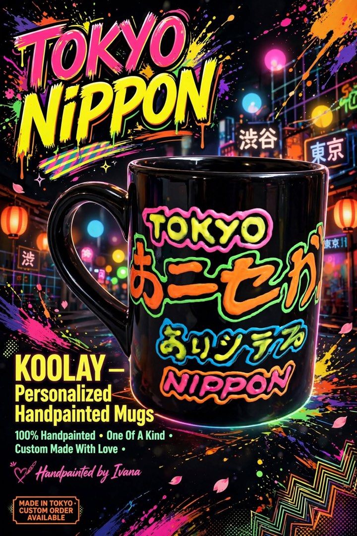 KOOLAY Personalized Handpainted Mug - Tokyo Nippon / Custom Name (Category: Coffee & Tea Tableware) located in Caloocan City. Submitted by hardestea2026 (Listing ID 1459698760, Image 1). Description: - Unique handpainted mug by Ivana - Choose between 'Tokyo Nippon' design or custom 3D name - Each mug is one-of-a-kind and made with love - Perfect for gifts or personal use - DM to personalize and order.