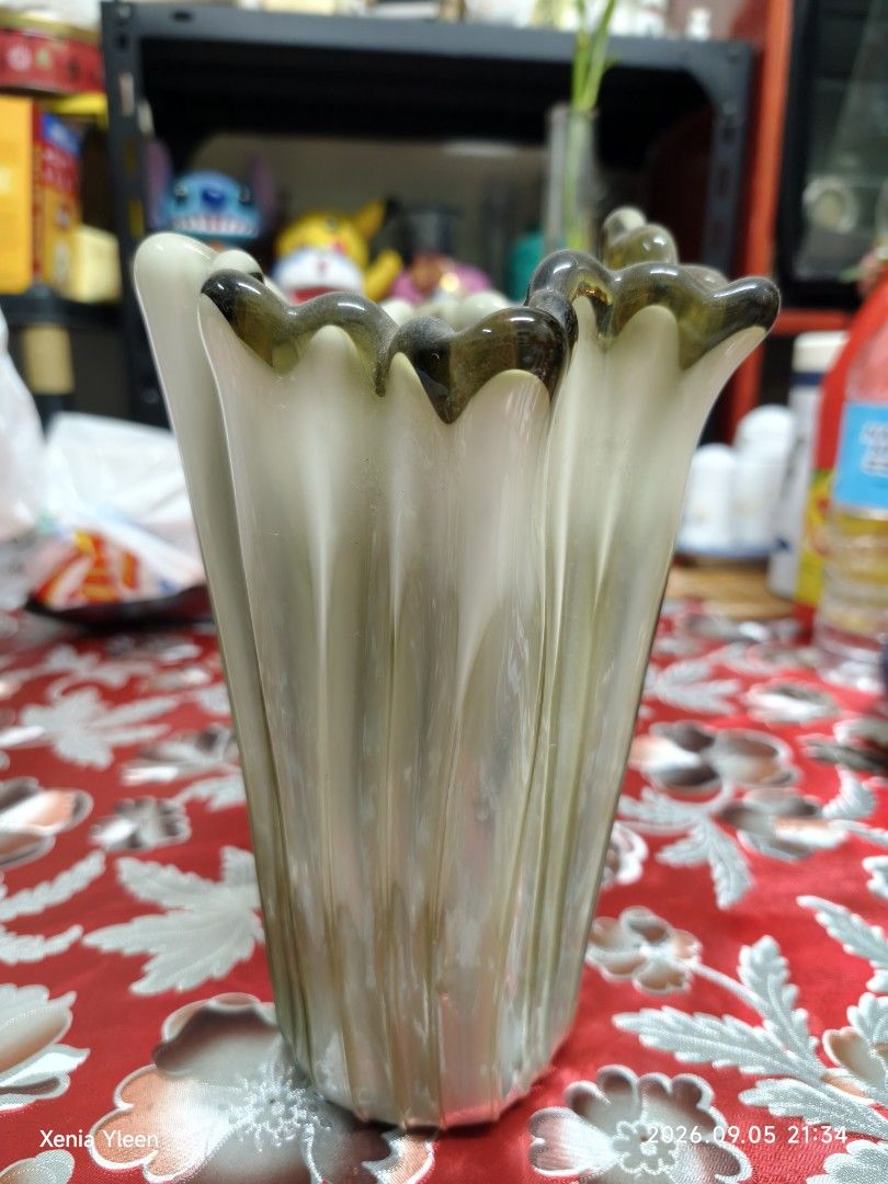 Kurata Glass Vase (Category: Vases & Decorative Bowls) located in Cebu City. Submitted by aileen1013 (Listing ID 1459834313, Image 2). Description: vintage hand-blown art glass vase with a flared, ruffled rim and vertical ribbed or stretched petal patterns in smoky green, cream, and white tones..