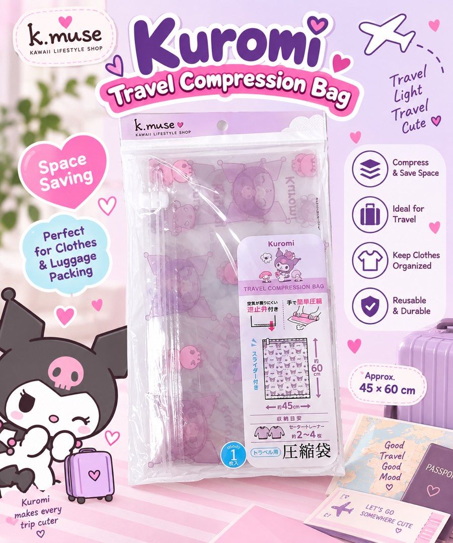 Kuromi Travel Compression Bag - Space Saving Luggage Packing (Category: Travel Essentials & Accessories) located in Manila. Submitted by wondermoma.ph (Listing ID 1459838151, Image 1). Description: - Cute Kuromi design! - Saves space in your luggage. - Perfect for packing and organizing clothes. - Reusable and durable material. - Easy to use with a slider seal. - Approximate size: 45 x 60 cm. - Ideal for your next travel adventure!.