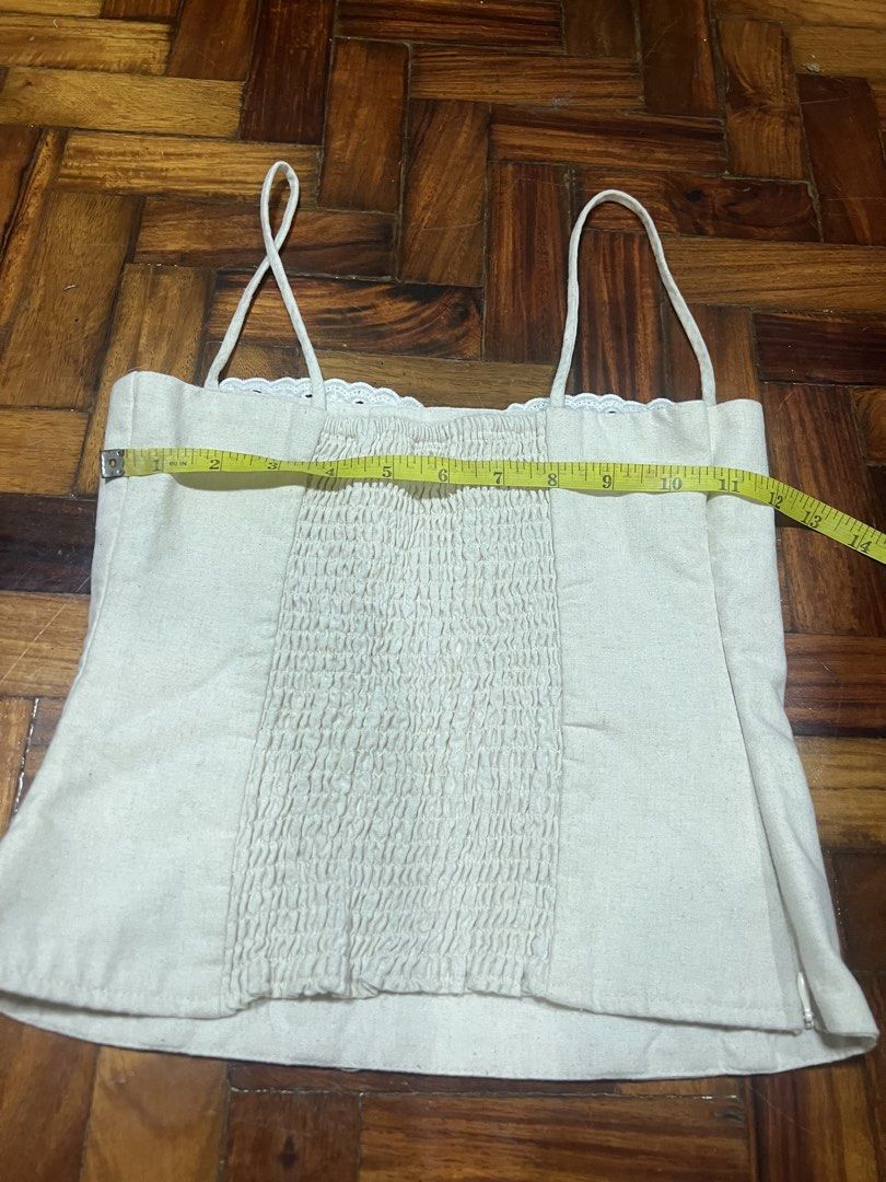 Lace Beige Linen Top (Category: Others Tops) located in Quezon City. Submitted by chloe_declutter (Listing ID 1459771643, Image 3). Description: Open to pickup/j&t delivery Cubao QC location Still available 9/26 Code: Teal Box.