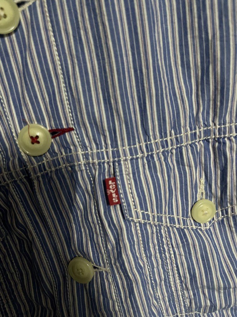 Levi's Redloop Striped Denim Jacket Size M (Category: Coats, Jackets and Outerwear) located in Quezon City. Submitted by listless32 (Listing ID 1459893153, Image 3). Description: W21 L24 Classic Levi's Redloop denim jacket, size M. Blue and white pinstripe. Button-up with chest pockets. Perfect for layering..