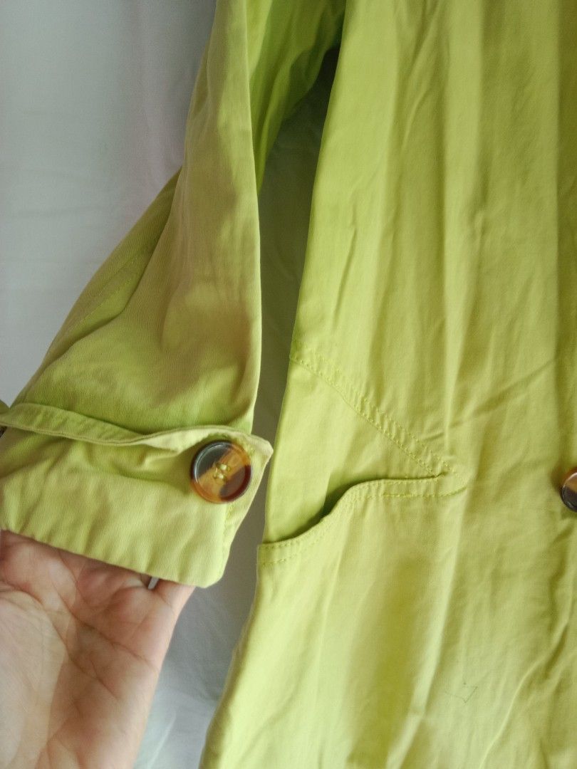 light green jacket/ double breasted short coat (Category: Coats, Jackets and Outerwear) located in Bontoc. Submitted by irene_banganan (Listing ID 1459863060, Image 3). Description: light green jacket/ double breasted short coat size L on tag makapal, mabigat, no stretch unique color and style well made, high quality no flaws (just some tiny pen marks), excellent condition.