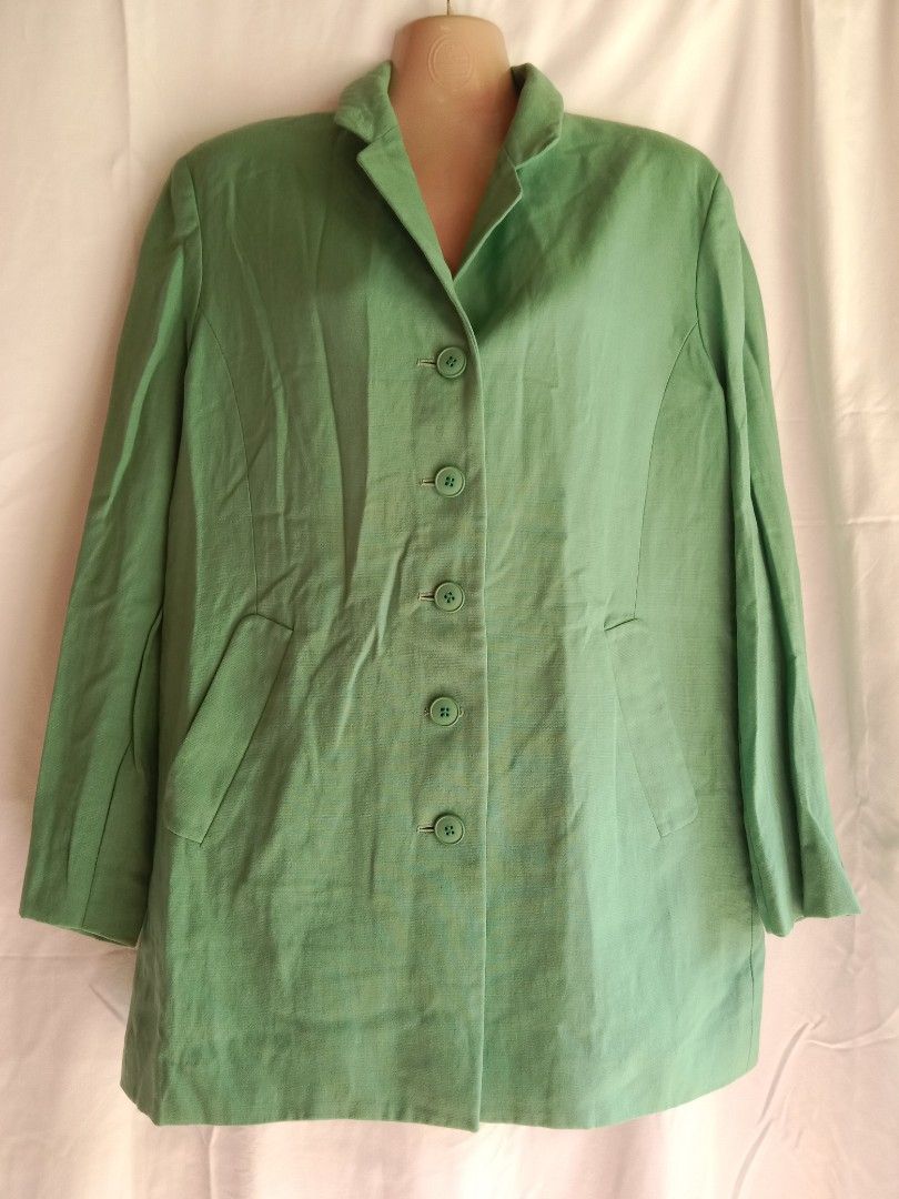 light green oversize vintage blazer (Category: Coats, Jackets and Outerwear) located in Bontoc. Submitted by irene_banganan (Listing ID 1459795842, Image 2). Description: light green oversize vintage blazer brand: composition by kenzo, made in japan bust 42" | 30" long, fits large to 2xl has shoulder pads but was removed by previous owner, fully lined, complete buttons fabric feels linen, makapal, no stretch well made and high quality may one hol