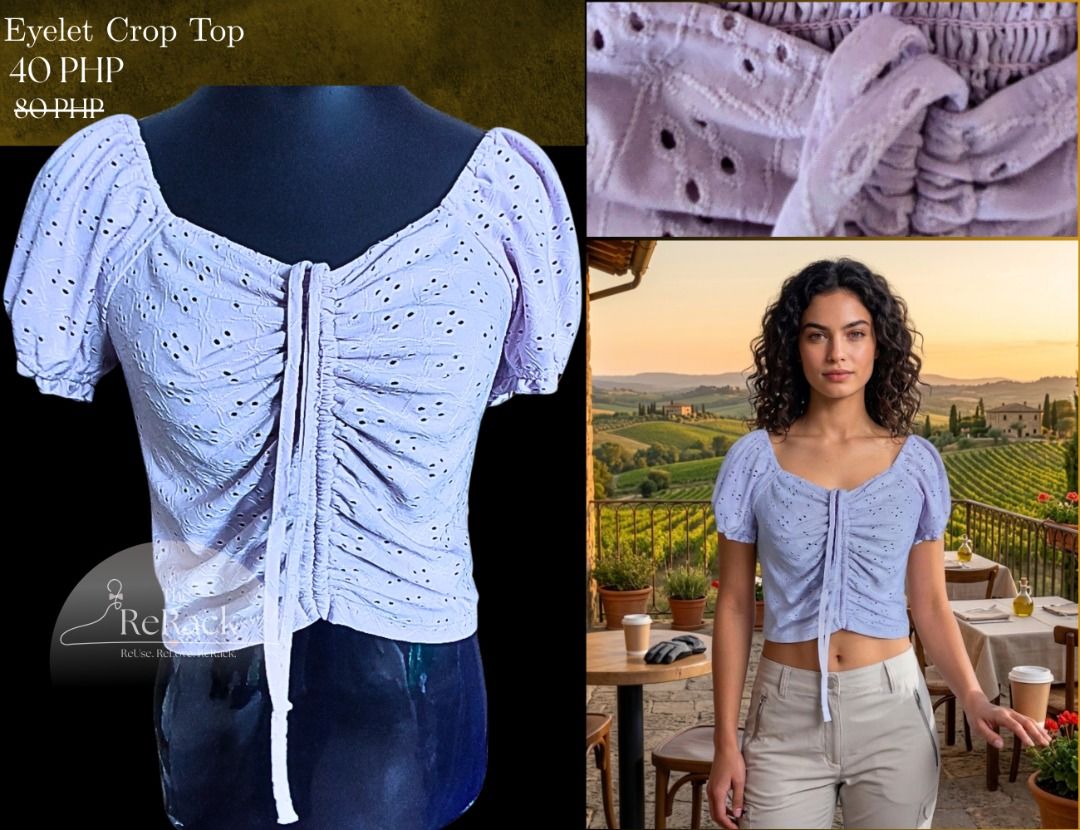 Lilac Eyelet Crop Top with Ruched Front (Category: Blouses) located in Calamba. Submitted by rackme (Listing ID 1459739435, Image 1). Description: - Adorable lilac crop top - Features eyelet details - Ruched front with adjustable tie - Short puff sleeves - Versatile for casual or evening wear - Pairs perfectly with high-waisted bottoms.