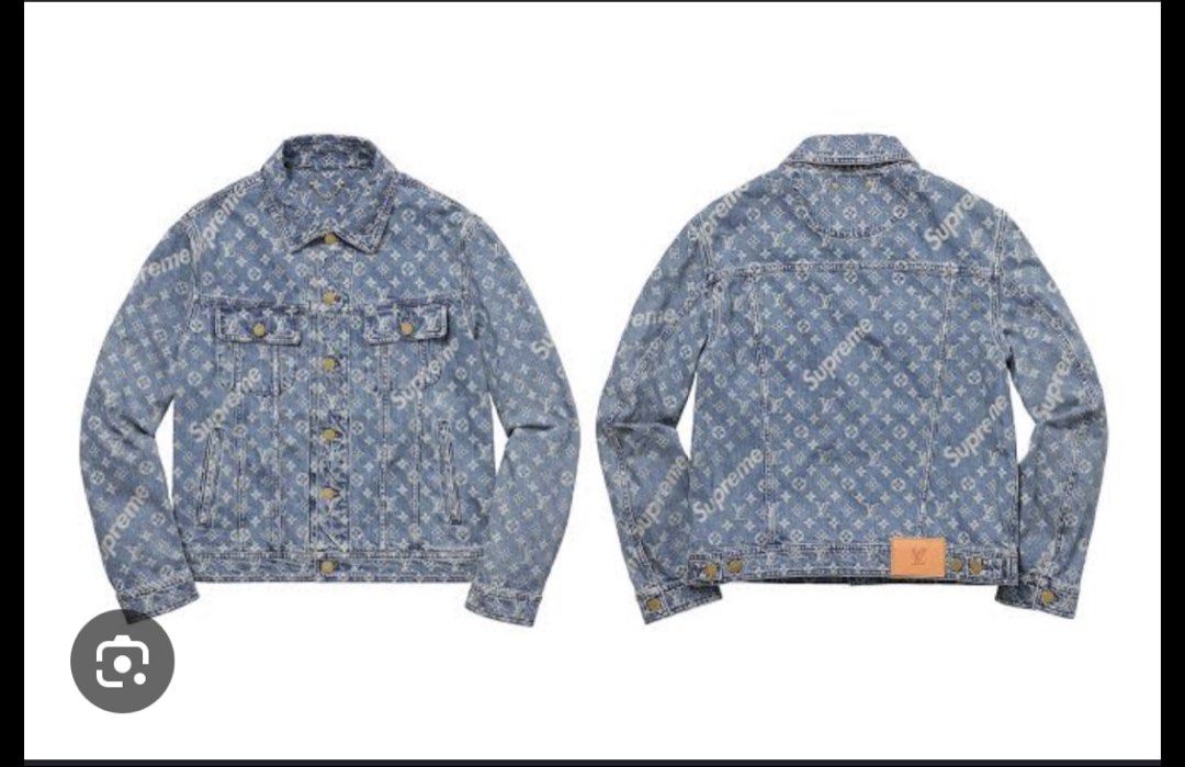 Louis Vuitton x Supreme Monogram Denim Jacket (Category: Coats, Jackets and Outerwear) located in Caloocan City. Submitted by ysloveb1153276 (Listing ID 1459748126, Image 2). Description: - Classic denim jacket - Features iconic LV and Supreme monogram print - Button-up front closure - Two chest pockets - Ideal statement piece for streetwear enthusiasts - Great for layering.