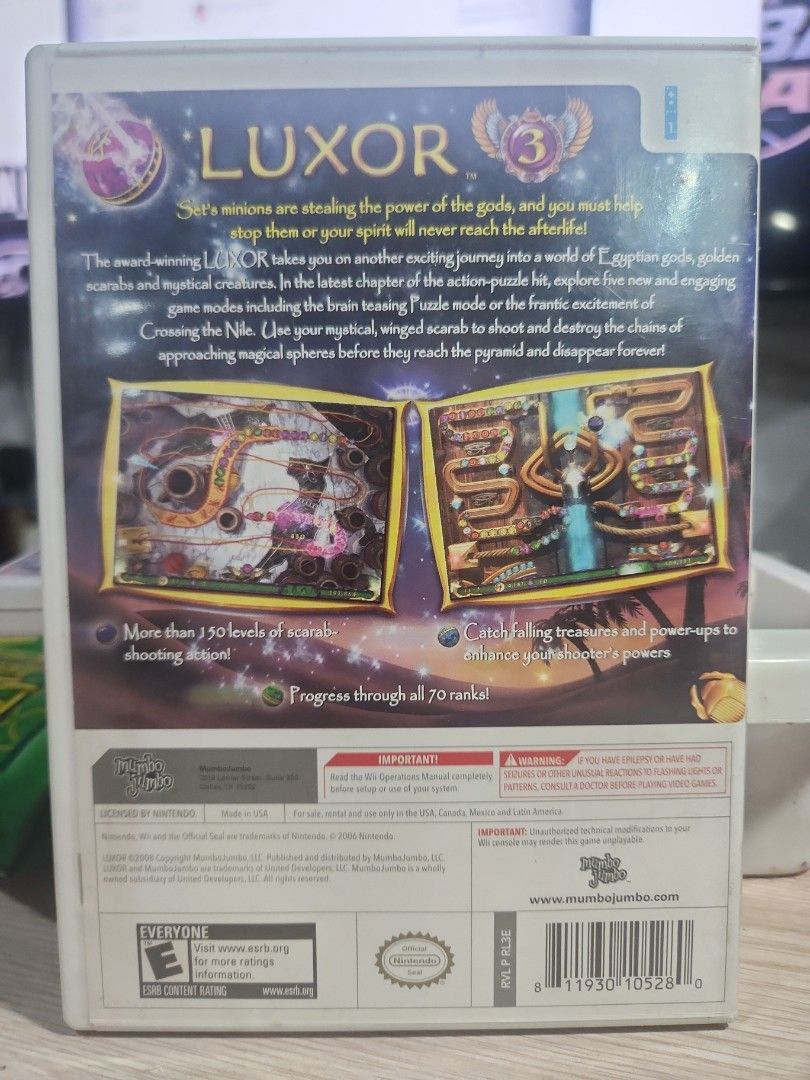 Luxor 3 Nintendo Wii Game (Category: Nintendo) located in Quezon City. Submitted by gwift (Listing ID 1459736197, Image 2). Description: - Luxor 3 for Nintendo Wii - Embark on an Egyptian adventure - Over 150 challenging levels - Catch treasures and power-ups - Progress through 70 ranks - Game disc and case included -selling based on current US market value x 50 -price subject for update on day of inquiry/purchase due to current market value -usi