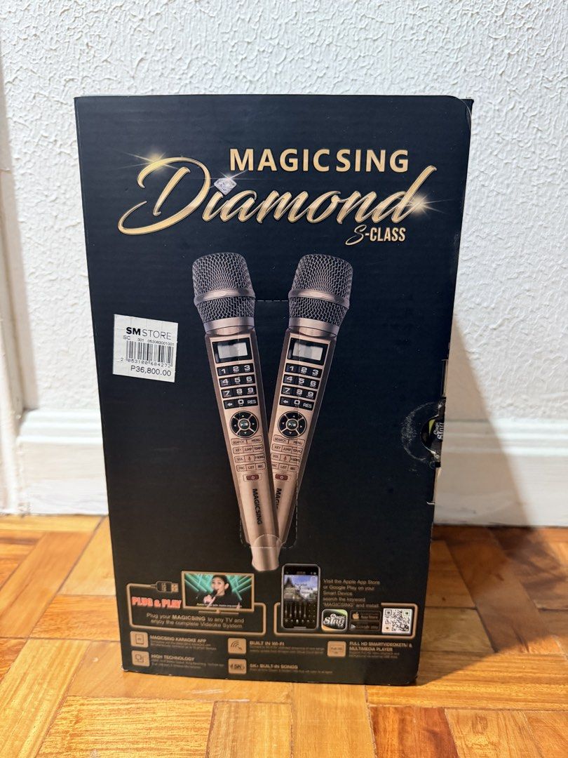 Magic Sing Diamond S-Class Karaoke Microphones (Category: Other Audio Equipment) located in Pasig City. Submitted by anne.anne19 (Listing ID 1459900127, Image 1). Description: - Magic Sing Diamond S-Class karaoke microphone - Includes smart keypad controller - Comes with a carrying case and accessories (batteries included) - Easy plug-and-play setup - Connects to any TV - Built-in Wi-Fi for app access - Features many built-in songs - with freebie